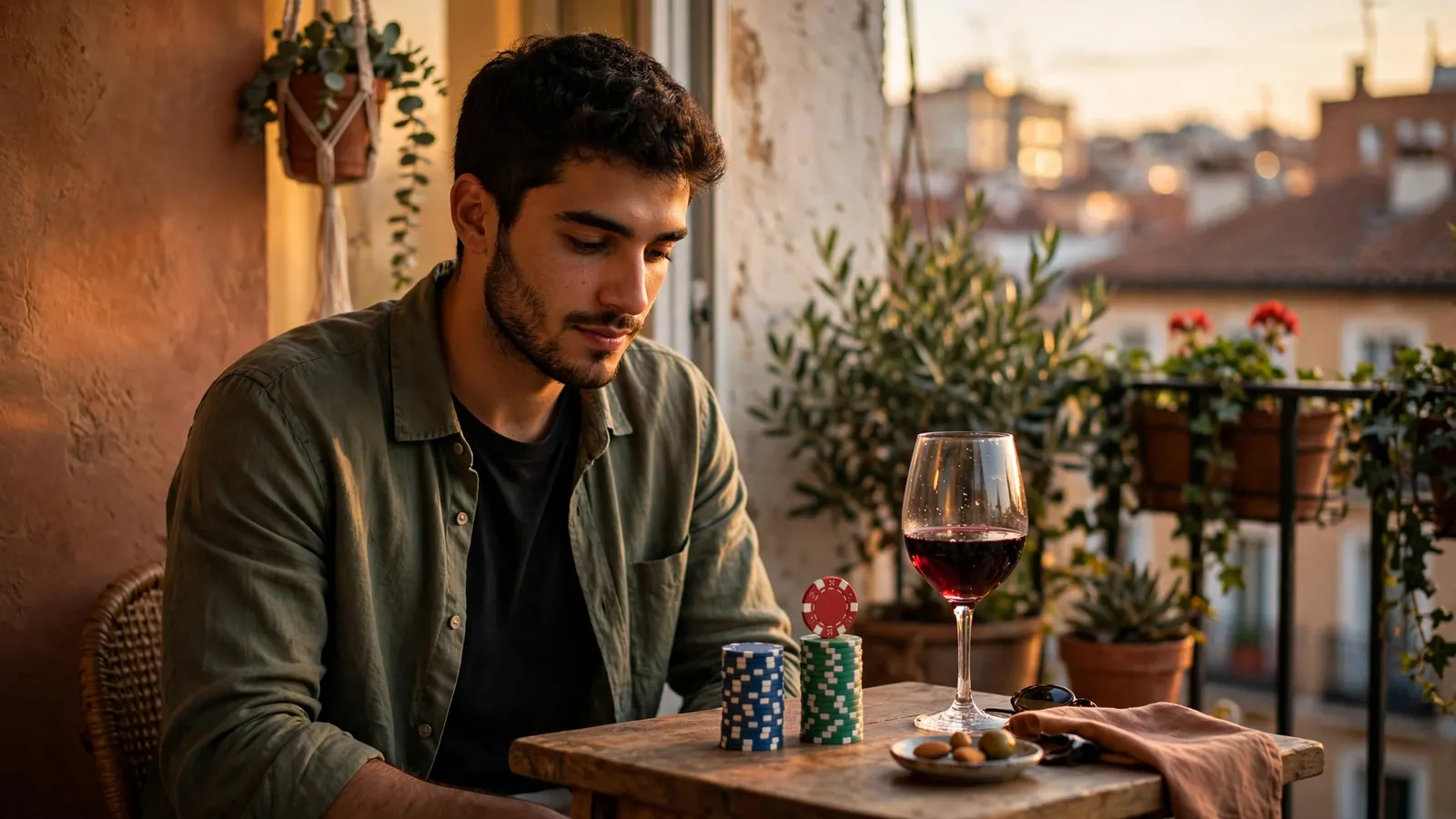 Hombre español con fichas de casino y vino en apartamento de Madrid