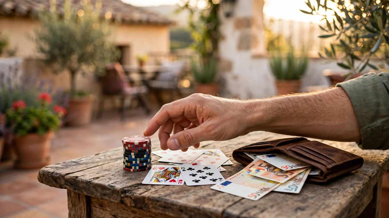 Mesa de terraza mediterránea con fichas de casino y billetes en euros
