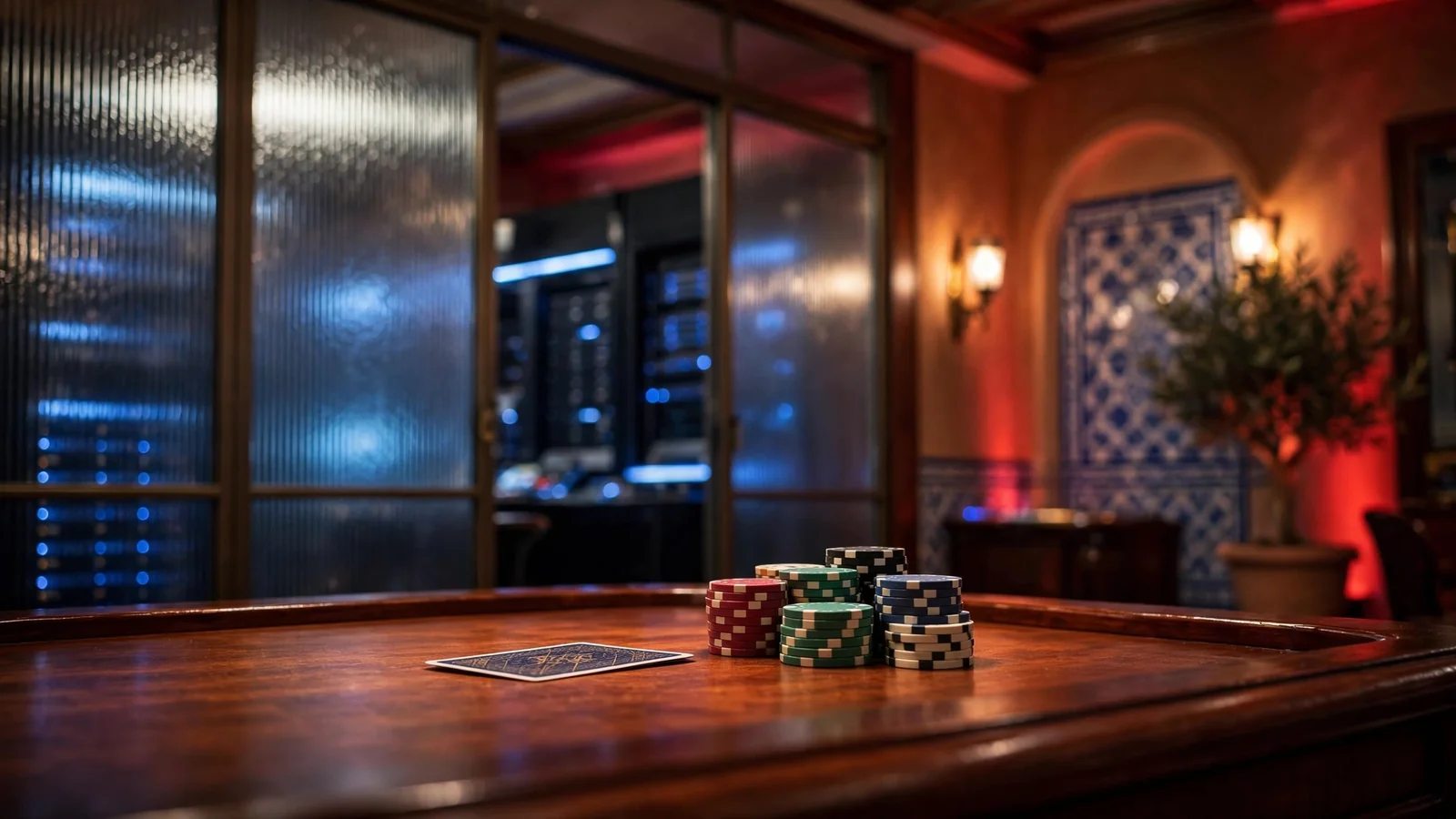Mesa de casino español con fichas y carta, luz cálida y servidores al fondo