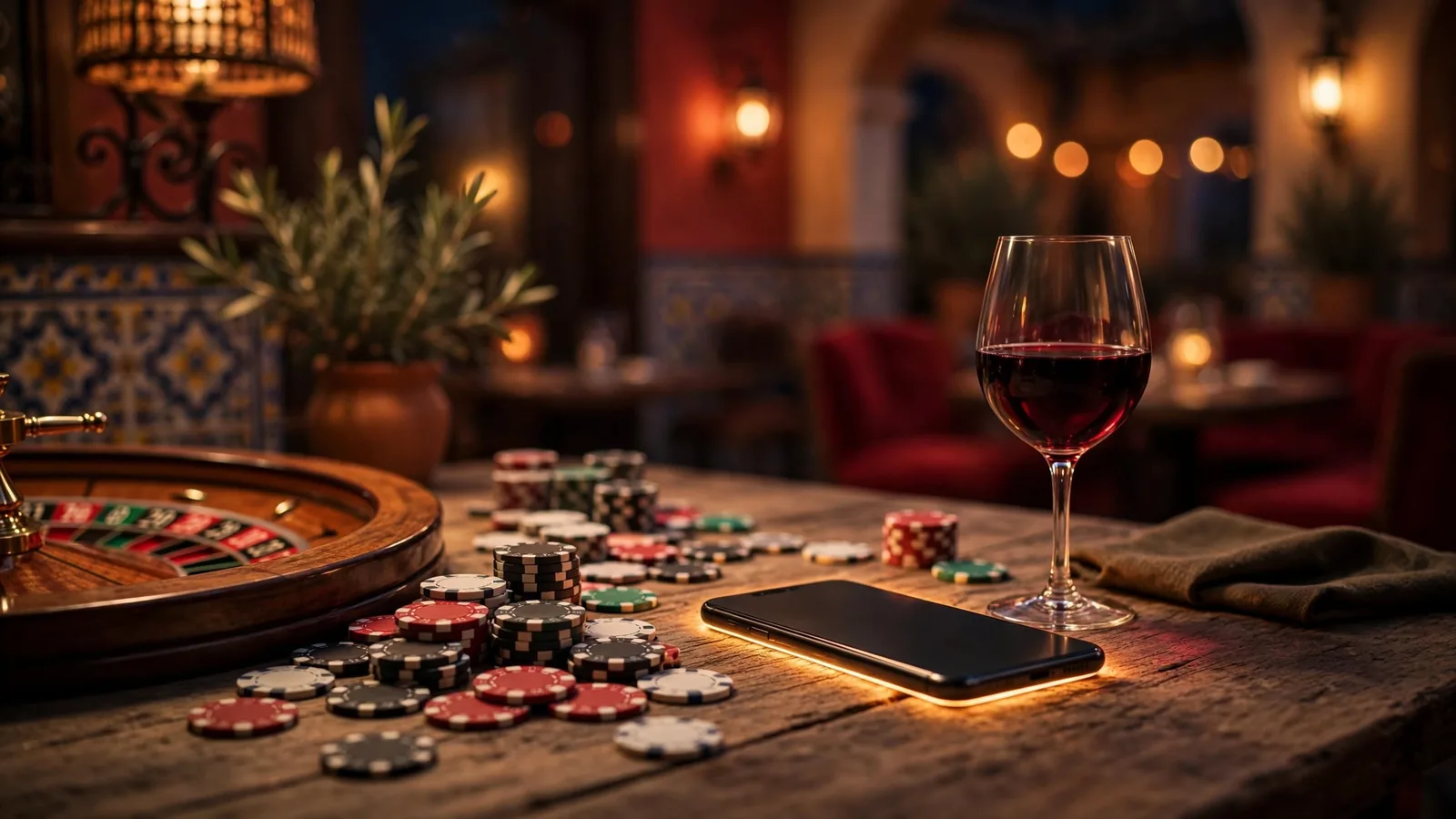 Mesa de casino con fichas, ruleta y smartphone boca abajo en ambiente español