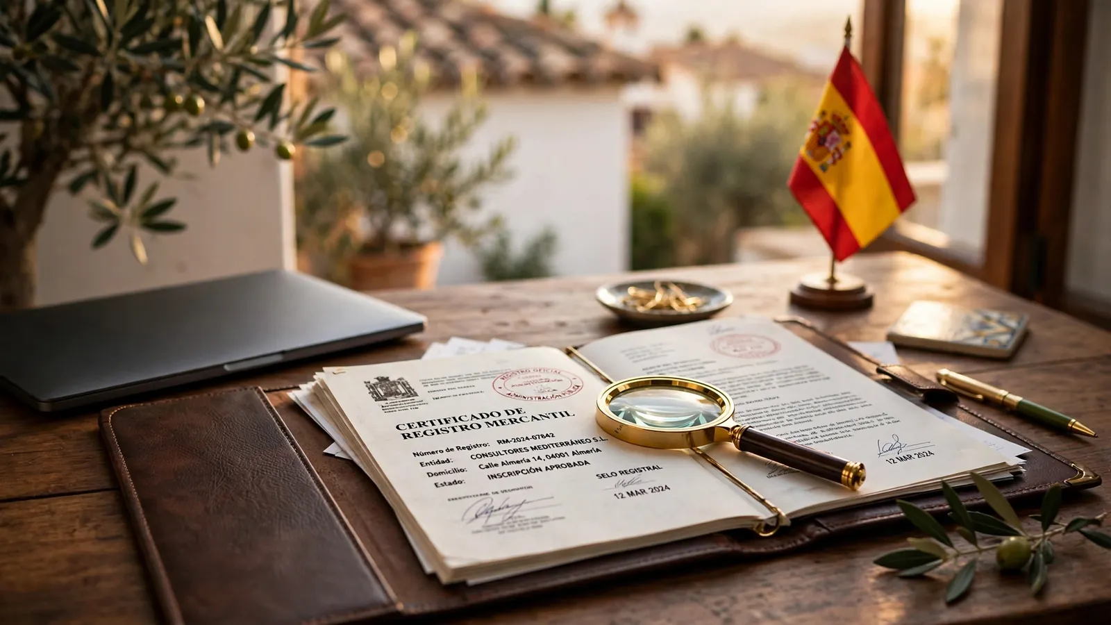 Escritorio español con documento oficial bajo lupa y bandera de España