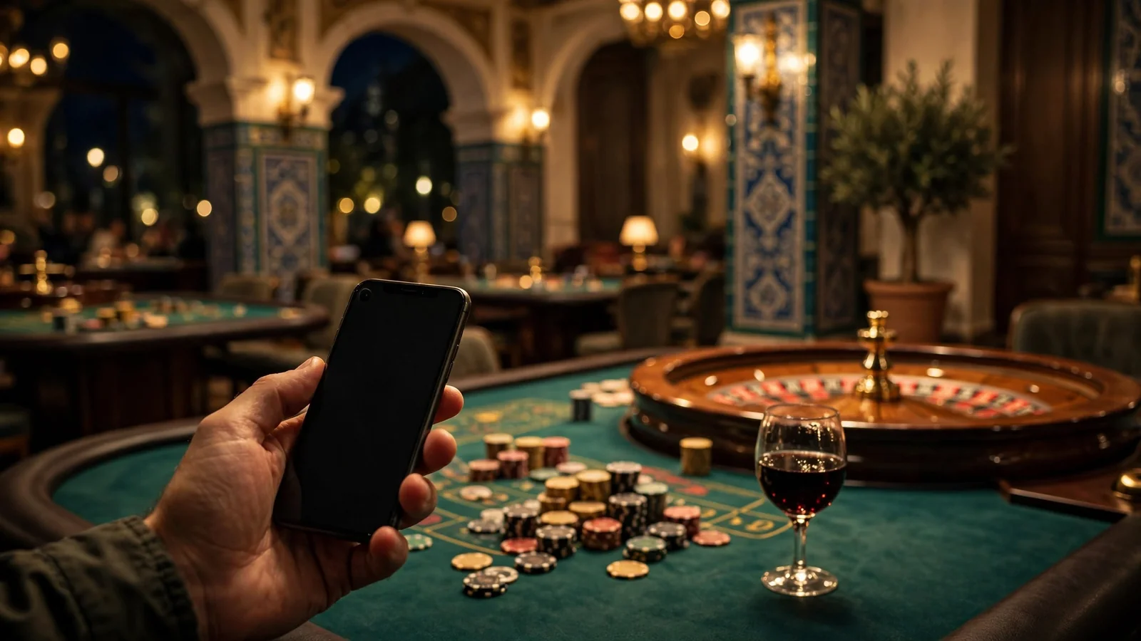 Elegante ruleta en casino con teléfono móvil girado, ambiente nocturno español