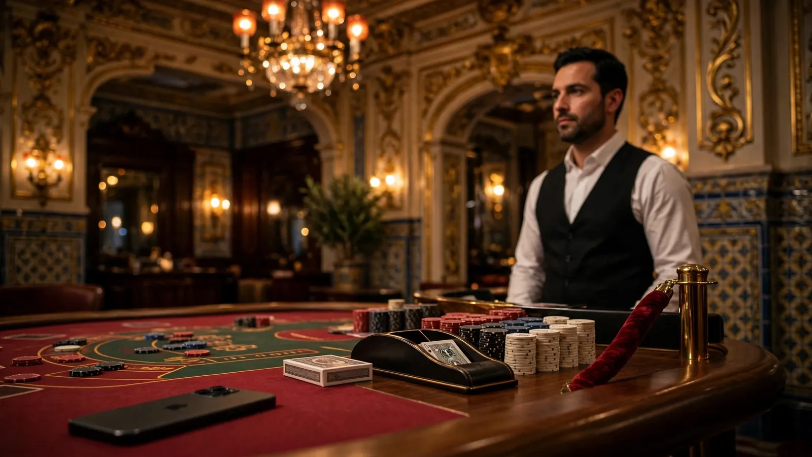 Mesa elegante de blackjack en casino español con fichas y crupier