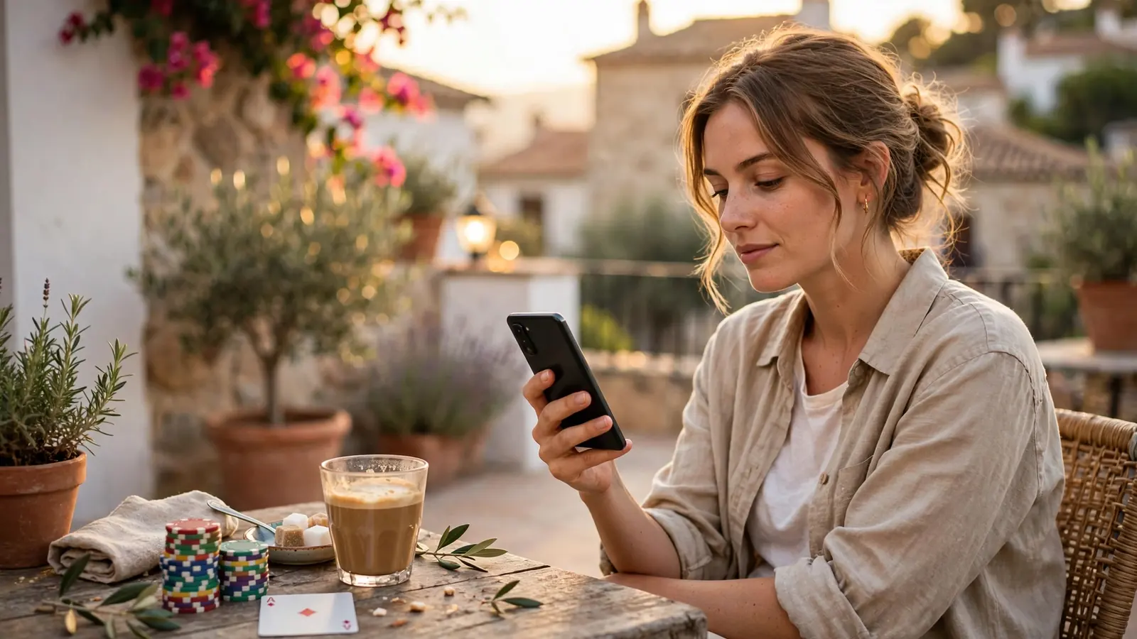 Persona en terraza española con móvil Android junto a fichas de casino y café