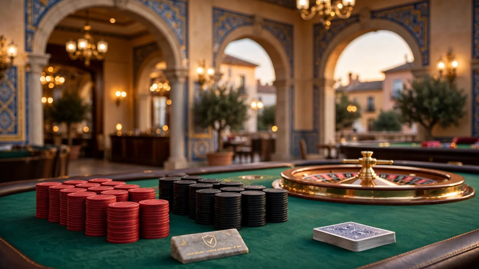 Mesa de casino con fichas, ruleta y cartas bajo luz cálida