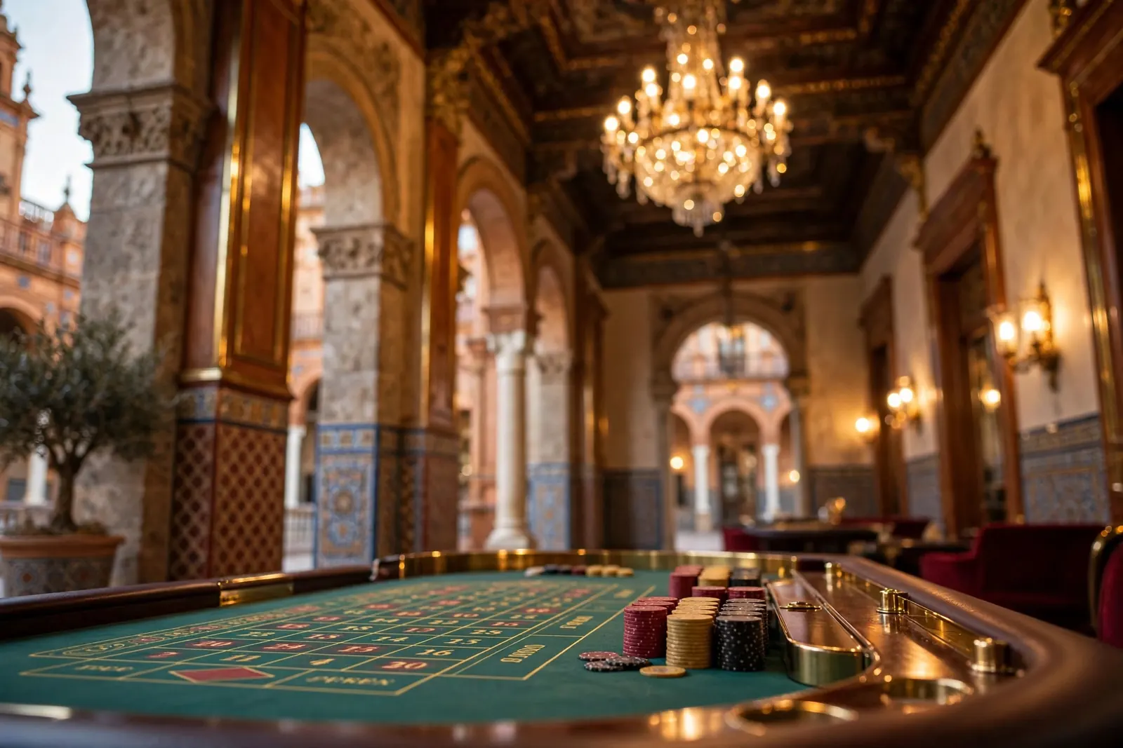 Interior elegante de un casino europeo con mesa de ruleta de fieltro verde y luces cálidas doradas