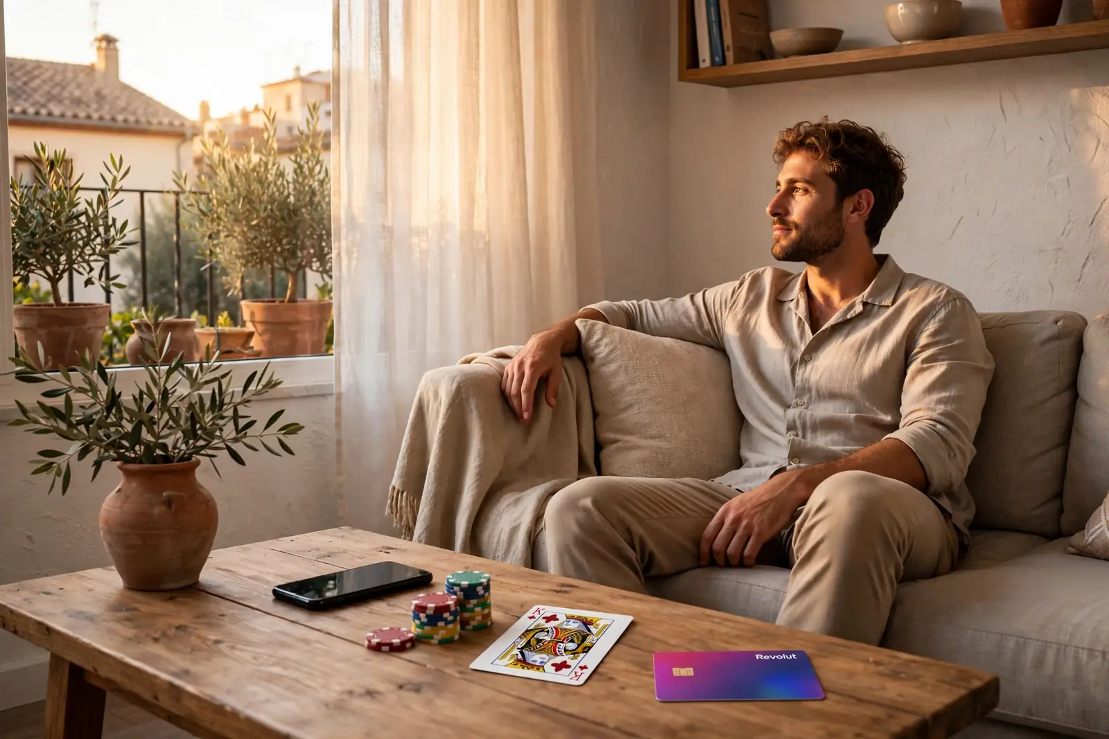 Adulto español con smartphone y fichas de casino junto a tarjeta Revolut en sala moderna.