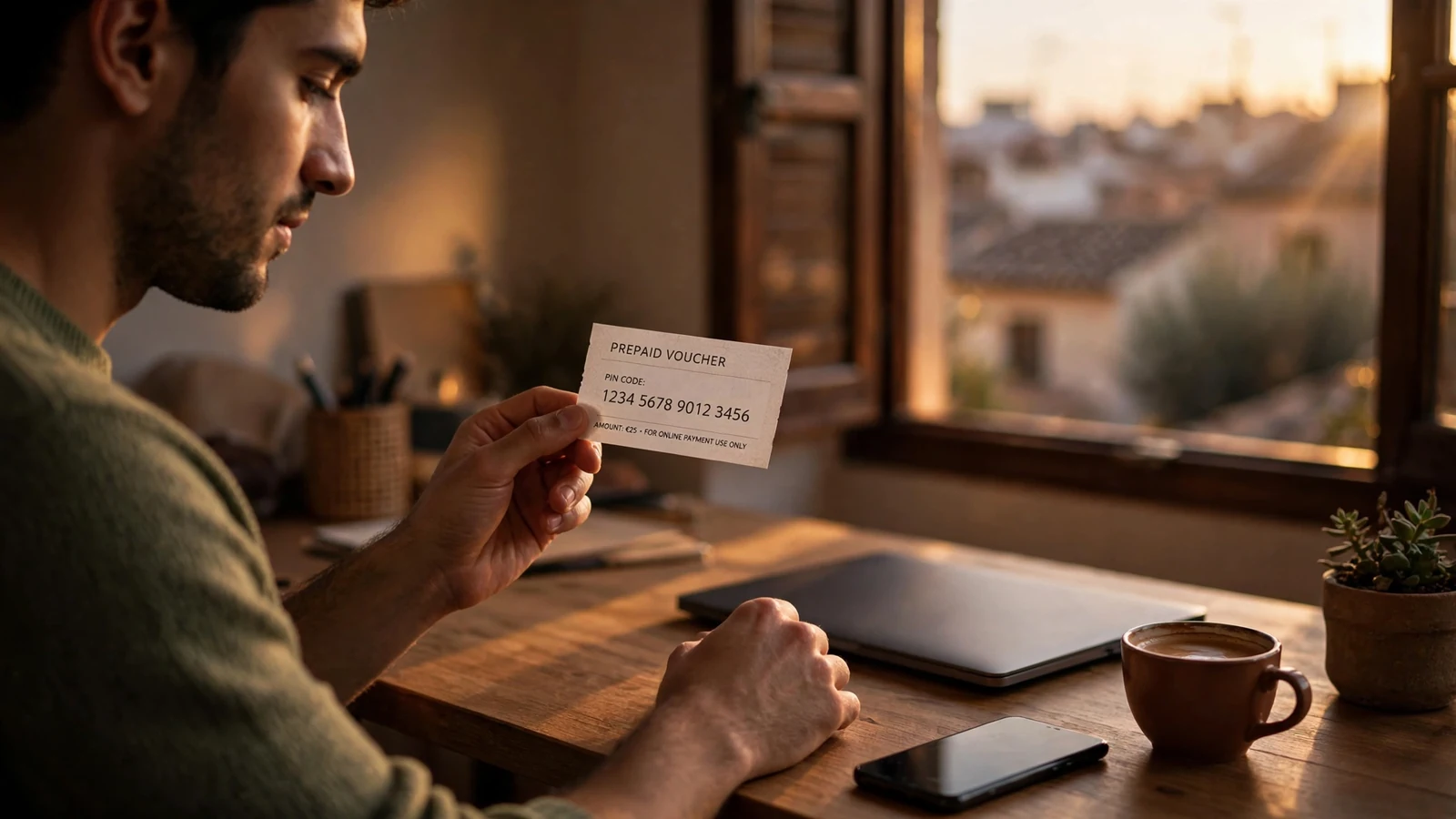 Adulto en casa con un vale Paysafecard y portátil cerrado al atardecer