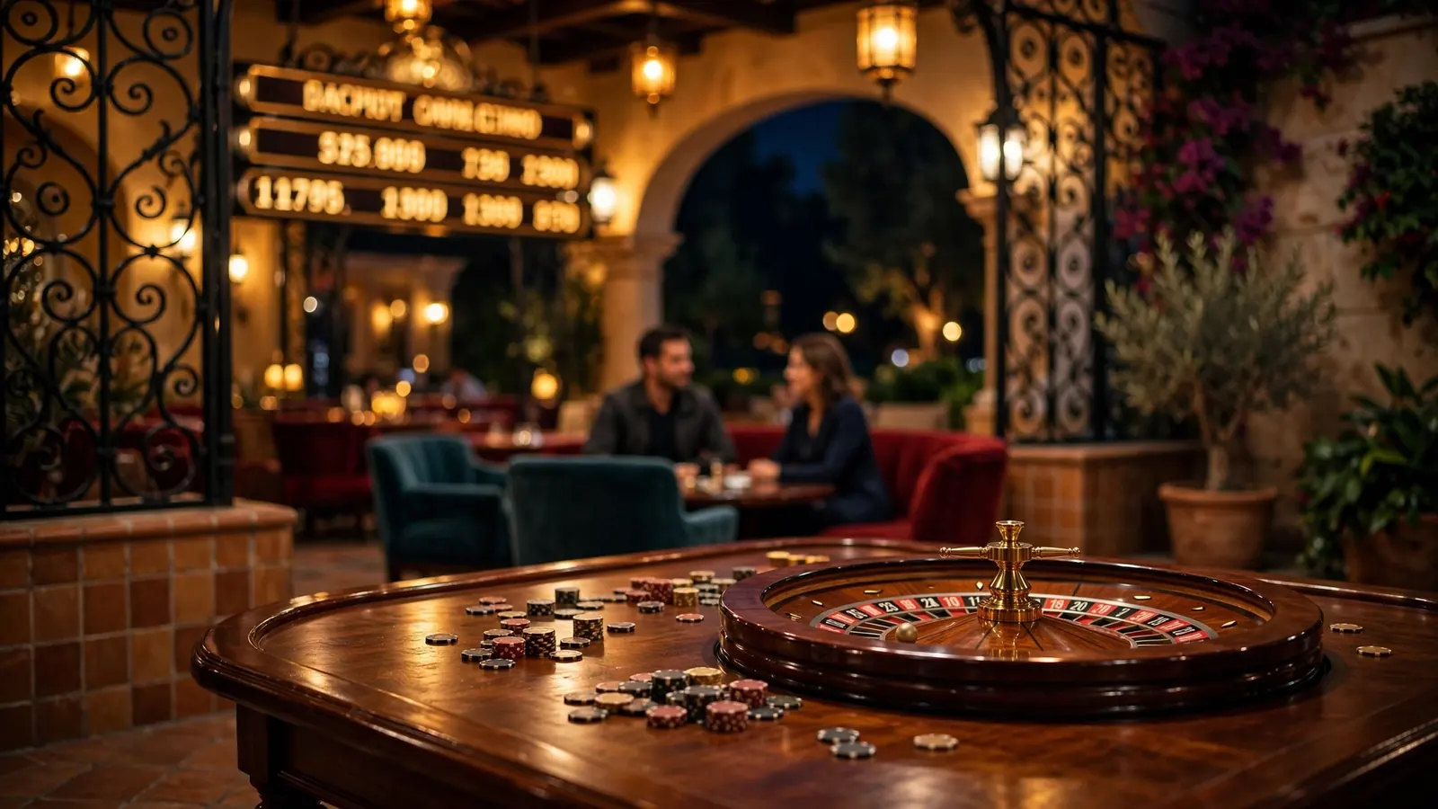 Elegante salón de casino español con fichas, ruleta y luces doradas de jackpot