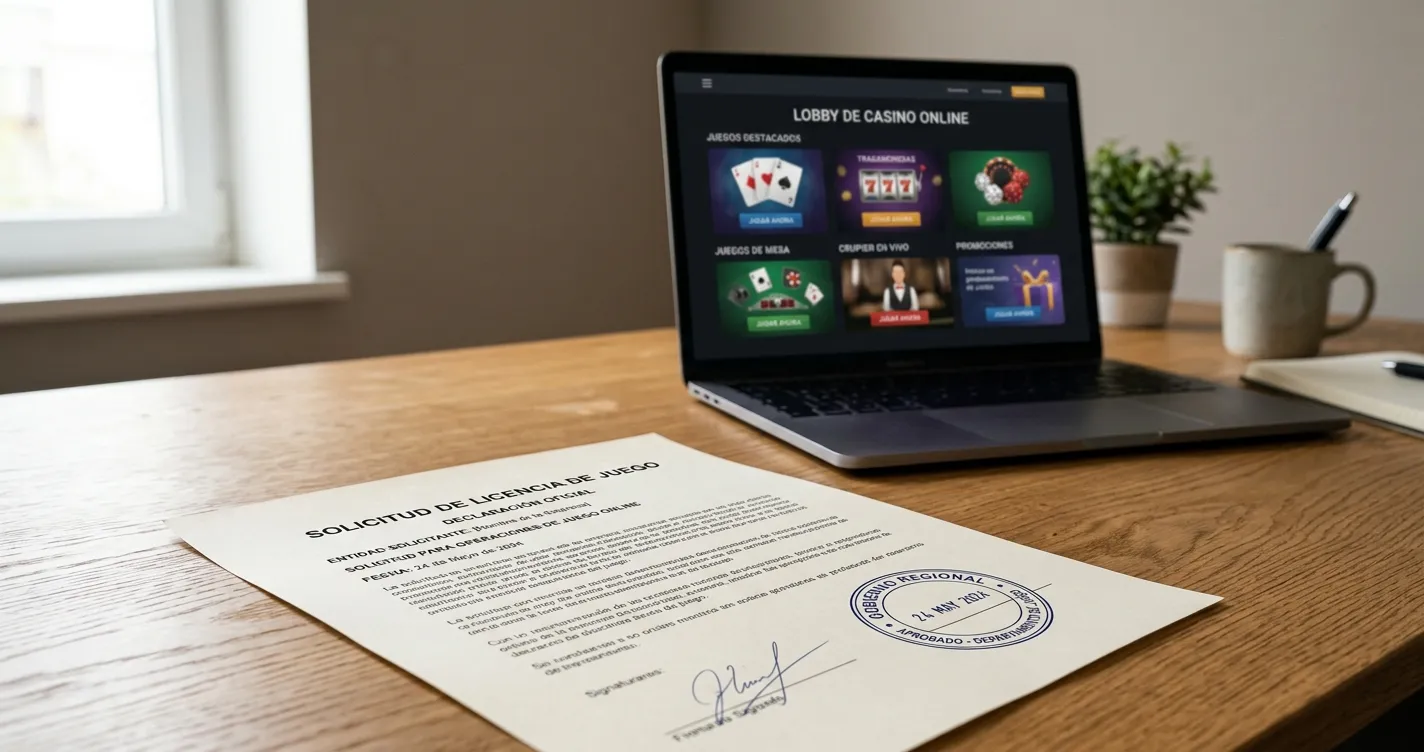 Mejores casinos sin licencia en España 2026: escritorio con documento de licencia y portátil con casino online