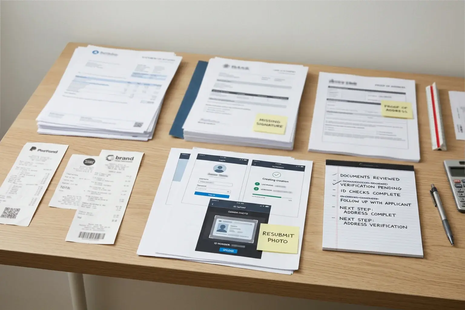 Documentos, recibos y mensajes ordenados para revisar una incidencia de pago